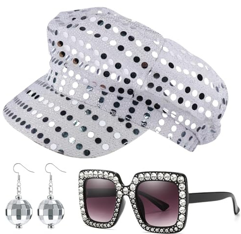 GWAWG 70-tal discohatt set, 3 st paljetthatt silver disco hatt med vintage disco solglasögon örhängen, paljett hatt abba-stil, silver glitter abba hattar kostym tillbehör kit för vuxna kvinnor