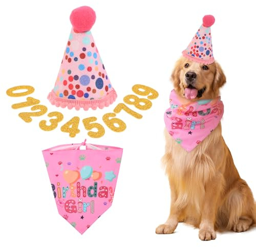 Qianyu Suministros de fiesta de cumpleaños para perro, bufanda de cumpleaños para perro, lindo sombrero de fiesta con números, suministros de decoración de cumpleaños para perros grandes, medianos y