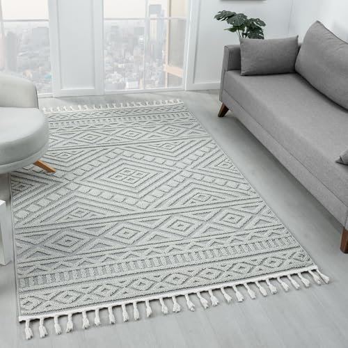 VIMODA Teppich Boho Wohnzimmer, Schlafzimmer, Fransen Skandinavisch, Waschbarer Teppich 3D, Farbe:Grau, Maße:160x230 cm