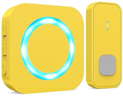 SURFOU Sonnette sans Fil Exterieur Étanche, Longue Portée 400M de Carillon Electronique Kit, 55 Mélodies au 5 Niveaux Volumes pour Maison, Indicateur LED Bleu (Jaune, 1 récepteur + 1 émetteur)