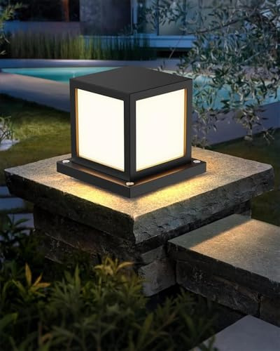 HMAKGG Farola Exterior Jardín E27, Lámpara de Sobremuro IP65 de Metal, 15W LED 3000K/4000K/6000K, Baliza Exterior Cuadrada para Muro, Camino, Terraza, Patio y Valla, Negro