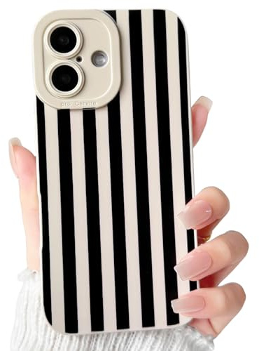 NITITOP Cover per iPhone 17 Motivo a Strisce Verticali Disegni Striped Stripes Aesthetic per Ragazze Femminile Antiurto Protezione Fotocamera Resistente Custodia - Bianco Nero