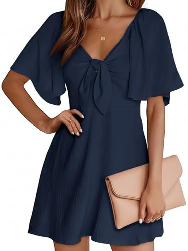 Cicy Bell Abito da Donna Sexy Profondo Scollo a V Mini Abito Manica Corta Elegante Abito Estivo, Blu Scuro, L