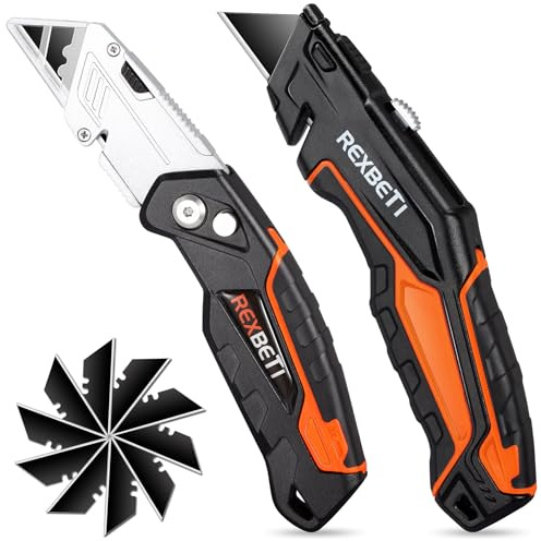 REXBETI 2-Pack Utility Knife, SK5 Heavy Duty Retractable Box Cutter for Cartons, Cardboard and Boxes, Blade Storage Design, Extra 10 Blades Included（Total 18 Blades）