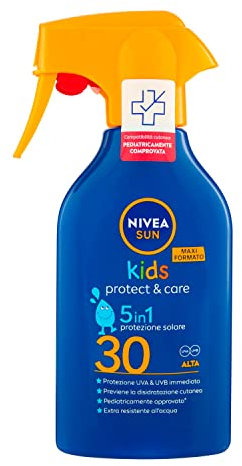 NIVEA SUN Kids Maxi Spray Protect & Care SPF 30 270ml, Sonnencreme 30 Kinder 3+ Jahre, Sonnenschutz 30 Kinder Spray extra wasserfest und schweißfest mit Panthenol, Vitamin C & E