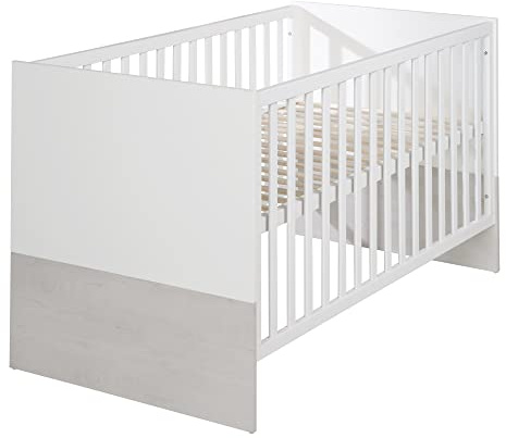 roba Lit Bébé Évolutif Julia - 70 x 140 cm - Convertible en Lit Enfant - Réglable en Hauteur - 3 Barreaux Amovibles - Blanc/Décor Bois