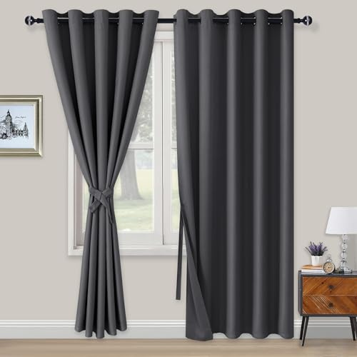 XWZO Blackout Curtains Shades Window Curtain Panels with Tiebacks- Noise Reduction and Thermal Insulated Eyelet Curtains for Bedroom,Living Room,Office,Study Room Dark Grey W66xL90