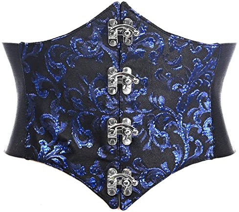 Lavish Black/Blue Swirl Brocade Corset Belt Cincher w/Clasps (Medium)
