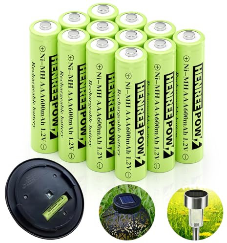 Henreepow AAA Rechargeable Battery, 1.2v AAA 600mAh Pre-Charged Ni-MH Batteries, Triple A Battery for Garden Lights, Solar Landscape lights, Solar String Lights, Pathway Lights,etc (12pack)