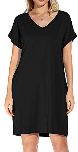 Actcat Sommerkleid Damen Kurzarm Loose Swing-Kleid Mit Taschen A-Linie Casual Kleider, Schwarzes Sexy Strickkleid, Black, M