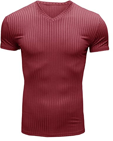 Herr v-ringad randig kortärmad casual muskel fitness sport t-shirt lätt veke smal T-shirt - tröja, rödvin, M
