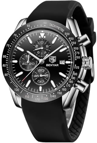 BENYAR BY Herren Business Analoger Chronograph Quarzuhr 30M Wasserdicht Leuchtende Datumsanzeige Modische Freizeituhr Sport Multifunktions Lederuhr. (Gummi Sliber Schwarz)