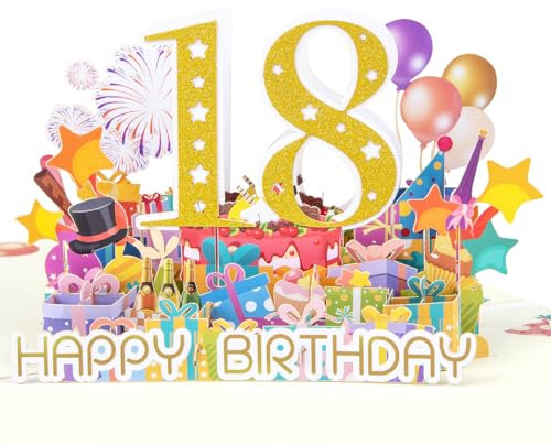 CNLITIHEKA 18. Geburtstag Karte, 18. Glückwunschkarte zum Geburtstag, Pop Up Geburtstagskarte mit Geschenk-Box Ballon für Mädchen Jungen Tochter Sohn Neffen Nichten.
