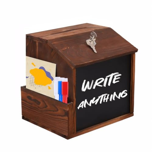 Wood Suggestion Box, Tip Money Drop Donation Boxes with Slot and Lock for Fundraising Prayer Ballot Comment, Wall Mounted Ballot Boxes with Chalkboard for Church, Wedding (Without Cardboard Backing)