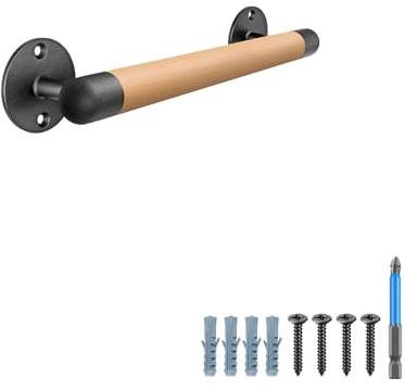 SELEWARE 15 Inch Wood Handrail Stair Handrail Drywall or Concrete Mount Handrail w/Sturdy Metal Base, Barrier-Free Staircase Grab Bar for Elderly, 1.3 Inch Round