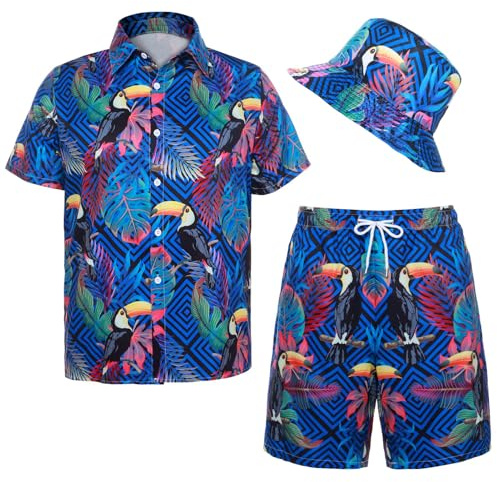 Angenster Ensemble chemise hawaïenne et short pour homme, tenue d'été décontractée et funky pour la plage, flamant rose, chemise avec chapeau bob, chemises hawaïennes de vacances, bleu marine, M