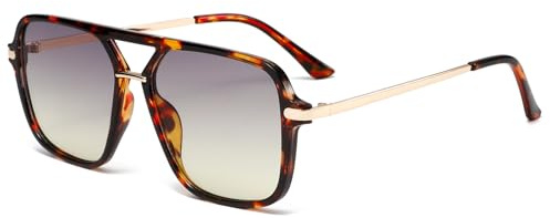 Long Keeper Retro Square Pilot Sunglasses for Women Men Double Bridge Aviation Square Sunglasses 70s Vintage Shade Classic Pilot Sun Glasses Anti UV400 (Leopard Frame - Grey Yellow Gradient Lens)
