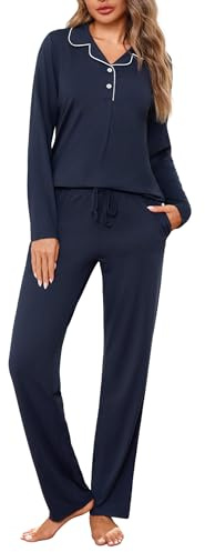 Jahetuul Ensemble Pyjama Femme Coton Confortable Longues Manches Col en V Haut Boutonné et Pantalon Uni avec Cordon Parfait pour Nuit et Tenue d'Intérieur