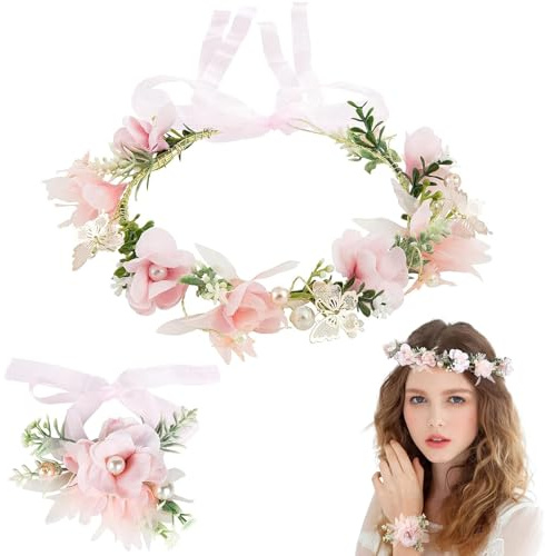 Binnan Wedding Floral Guirlande Couronne Demoiselle, Fleurs Mariage et Ensemble de Bracelet, Fleur Bandeau Guirlande, Coiffe de Guirlande, Fleur Bandeau avec Ruban pour Party Beach Travle