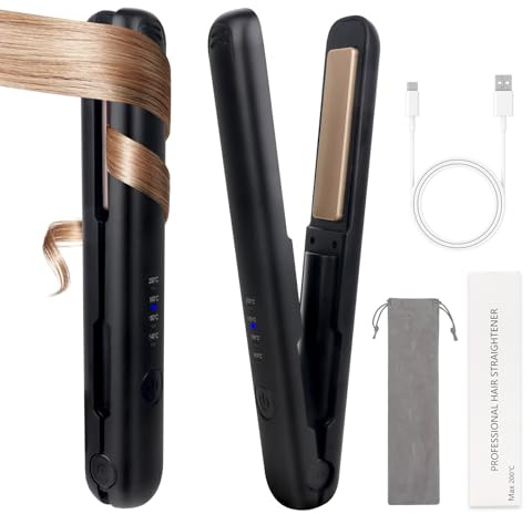LYPPUL Mini fer à lisser sans fil avec 4 températures, fer à lisser 2 en 1, boucler et lisser, rechargeable, portable