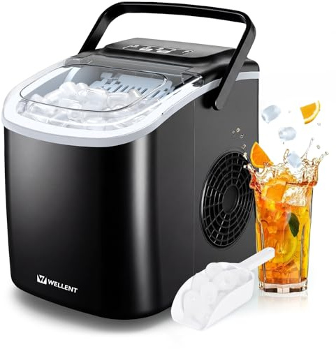 WELLENT Eiswürfelmaschine Klein – Ice Maker mit Selbstreinigung & 2 Größen, 8 Würfel in 6 Min (12kg/24h) – Tragbarer Tisch-Ice Maker für Küche, Büro, RV, Bar, Camping & Fußballabend