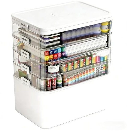 5-Tier Medicine Organizer Storage Box, Portable Latch Bin with Lid and Leather Handle, Cabinet Closet Organization for Home Office, Pill Bottle, First Aid, Sewing, Art, Craft