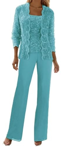 3 pezzi elegante chiffon pizzo pantaloni formale set con paillettes giacche per festa di nozze madre della sposa e ospiti abiti da festa nuziale, Verde, US 6