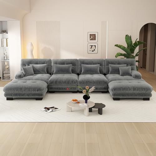 Yihomfy Grand canapé d'angle Convertible de 406 cm, canapé 6 Places en Forme de U avec 2 Repose-Pieds Amovibles, canapé modulable Moderne en Chenille à Assise Profonde pour Salon, Gris