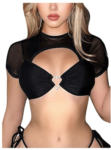 Women's Short Sleeve Sheer Bikini Top Rhinestone Shiny Cut Out Micro Crop Tops Swimwear(White,S)