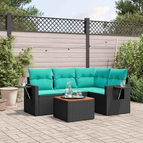 Runheo Ensemble canapé Jardin 5 pièces Noir résine tressée avec Coussins modulables Assise et Dossier, Table Bois Acacia, Fauteuil Angle Banquette Confortable extérieur terrasse Patio Salon détente