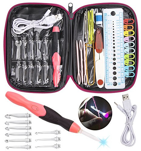 Feelava LED Aiguille à Crochet, Lumineux Aiguilles à Tricoter Tricot Outils avec Organisateur Cas & Rechargeable Batteries, 9 Interchangeables Têtes 2.5mm à 6.5mm, LED Ensemble de Crochets (Rose)