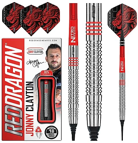 RED DRAGON Jonny Clayton Original Softip 18 Gram Professional Tungsten Dartset mit Flights und Stielen