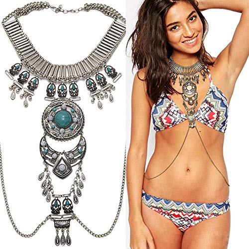 Amorar Damen Halskette Körperkette Böhmische Sexy Schlüsselbeinkette Retro Körperkette Bikini-Schmuck Brustkette Taillenkette BH-Ketten Körperschmuck Strand Zubehör