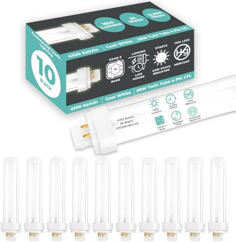 GoodBulb 26 Watt CFL Light Bulbs 4 Pin G24Q-3 Base 4100K Cool White 26W High Output 1800 Lumens Double Tube Compact Fluorescent Light Bulbs Plug-in 10 Pack