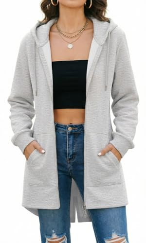 Tuopuda Långa huvtröjor för dam, dragkedja, enkel huvtröja, långärmad, damfleece, långärmad, huvtröja, sweatshirts, ledig lös huvjacka, dragkedja, plusstorlek, toppar, pullover, jacka med fickor