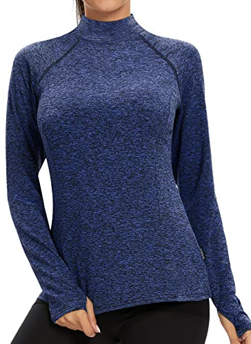 Soneven Thermoshirt Damen Langarm Winter Fleece Pullover Thermo Laufshirt Funktionsshirt Sportshirt Damen Warm Langarmshirts Atmungsaktiv mit DaumenlöcheBlau XL
