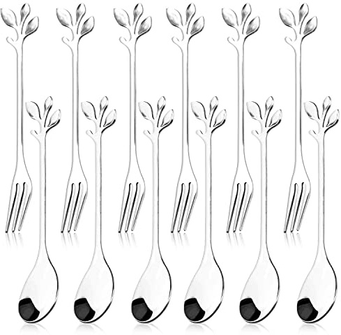 12pcs Stainless Steel Gold Leaf Coffee Spoon and Cake Fruit Forks Kitchen Accessory Wedding Party for Dessert, Salad, Appetizer, Spoon and Fork Set(6 Forks + 6 Spoons) (Silver)