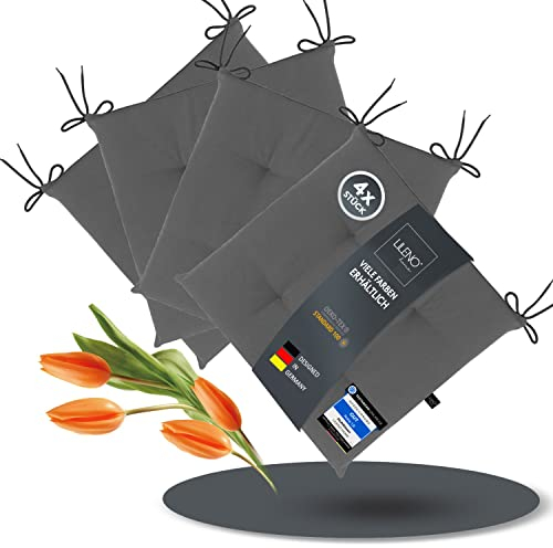 LILENO HOME 4er Set Stuhlkissen Dunkelgrau (40x40x4,5 cm) - Sitzkissen für Gartenstuhl, Küche oder Esszimmerstuhl - UV-beständige Indoor u. Outdoor Stuhlauflage als Stuhl Kissen (Laura FUM)