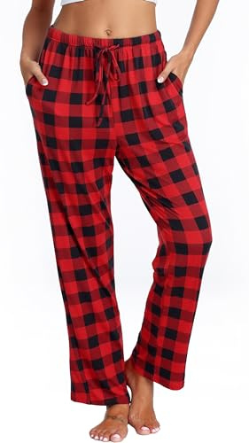 Lovasy Pantaloni Pigiama Donna in Cotone Invernale Lunghi Caldi Pantaloni Casa a Quadri Leggeri e Morbidi Loungewear con Tasche B Rosso scuro L