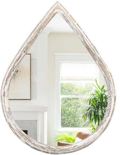 FEUFOAM Wall Hanging Mirror With Wood Frame - Rustic White Droplet Farmhouse Oval Small Decorative Mirror for Bathroom, Living Room, Entryway, Hallway