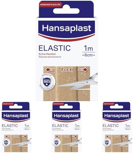 Hansaplast Elastic Pflaster (1 m x 6 cm), zuschneidbare Wundpflaster für Gelenke und viel bewegte Körperstellen, flexibles Verbandsmaterial mit extra starker Klebkraft (Packung mit 4)