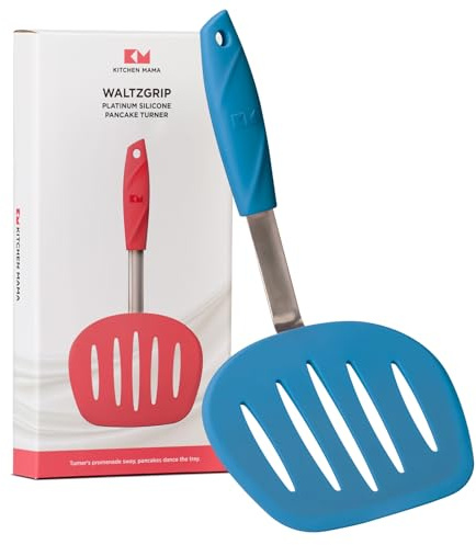 Kitchen Mama WALTZGRIP Platinum Silicone Pancake Spatula Turner: Heat-Resistant, Wide Slotted Tapered Head Stainless Steel Core. Durable, Dishwasher-Safe, Flipping Cooking Needs, Wok Use (Blue)
