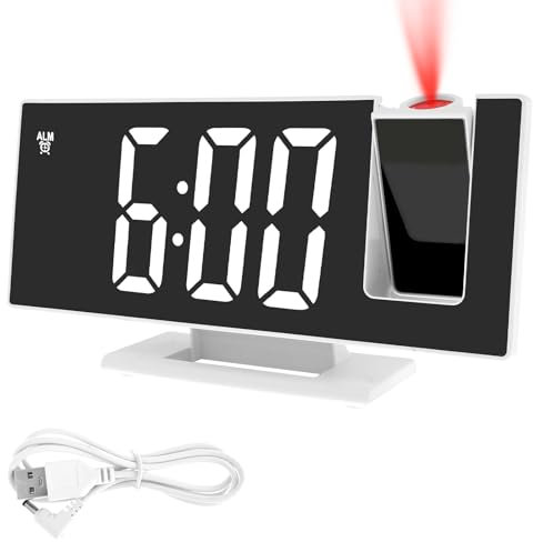 Projection Alarm Clocks for Bedside, Digital Alarm Clock with 180° Rotatable Projector, 3-Level Brightness Dimmer, Large LED Display, 5 Minutes Snooze, Digital Clock for Bedroom Office Dorm(White)