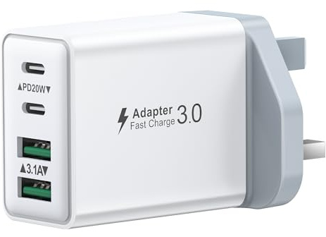 USB C Plug Fast Charge, 40W Multi USB Plug UK Fast Charger Plug 4-Port Dual Port 20W USBC Power Adapter+QC Wall Charger Head Type C Charging Plug for iPhone 17 16 15 14 13 12 11 Pro Max,iPad,Samsung