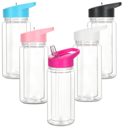 Tswofia 5 Pack 10 Oz Plastic Snow Globe Tumbler for Kids with Pre-Drilled Hole and Plug, Leak Proof Double Wall Snow Globe Sports Water Bottles with Portable Handle for Glitter DIY Gift, Mixed Color