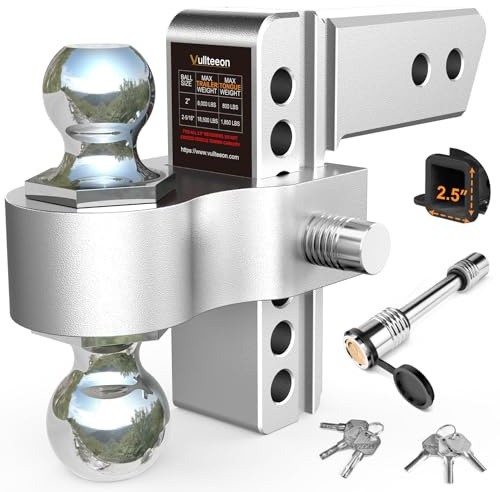 Drop Hitch 2.5 Inch Receiver, Vullteeon 6 Inch Adjustable Trailer Hitch Ball Mount, 18,500 LBS GTW, (2 & 2-5/16) Chrome Plated Steel Balls, Class 5 Aluminum Tow Hitches with 2 Anti-Theft Pins Locks