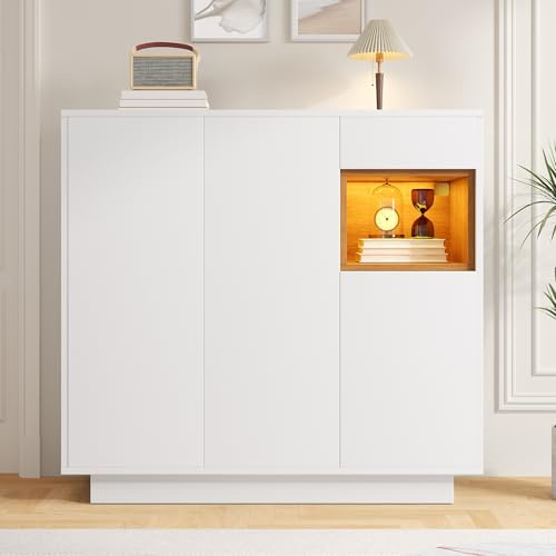 Ligterra Scarpiera, armadietto, armadio, buffet, credenza con cassetto e ripiani regolabili, illuminazione a LED a 16 colori, 105 × 39,5 × 100,5 cm (bianco)