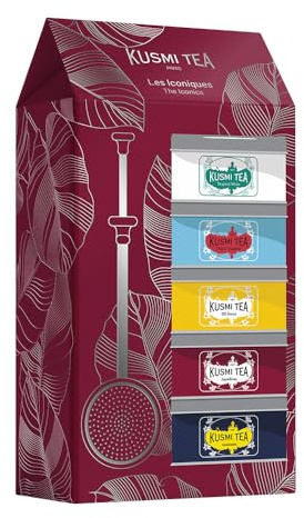 Kusmi Tea - Coffret Les Iconiques + Pince à Thé - Assortiment de Thés Bio - Idée Cadeau Homme et Femme - Thé Noir, Thé Vert, Thé Blanc et Infusion - Fabriqué en France - 5 Boîtes de 25g