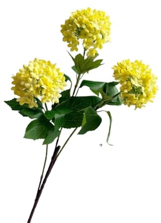 HUFFA Flor Artificial de Hortensia de Madera de Bola de Nieve de la Suerte de un Solo Tallo y 3 bifurcaciones for decoración de Bodas y hogares(Yellow)