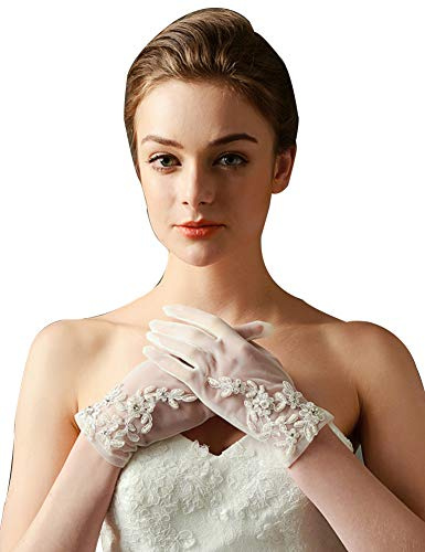 QRBTSCL Women's Bridal Wedding Lace Appliques Short Gloves Tea Party Prom Dress Glove Wedding Accessories Ivory